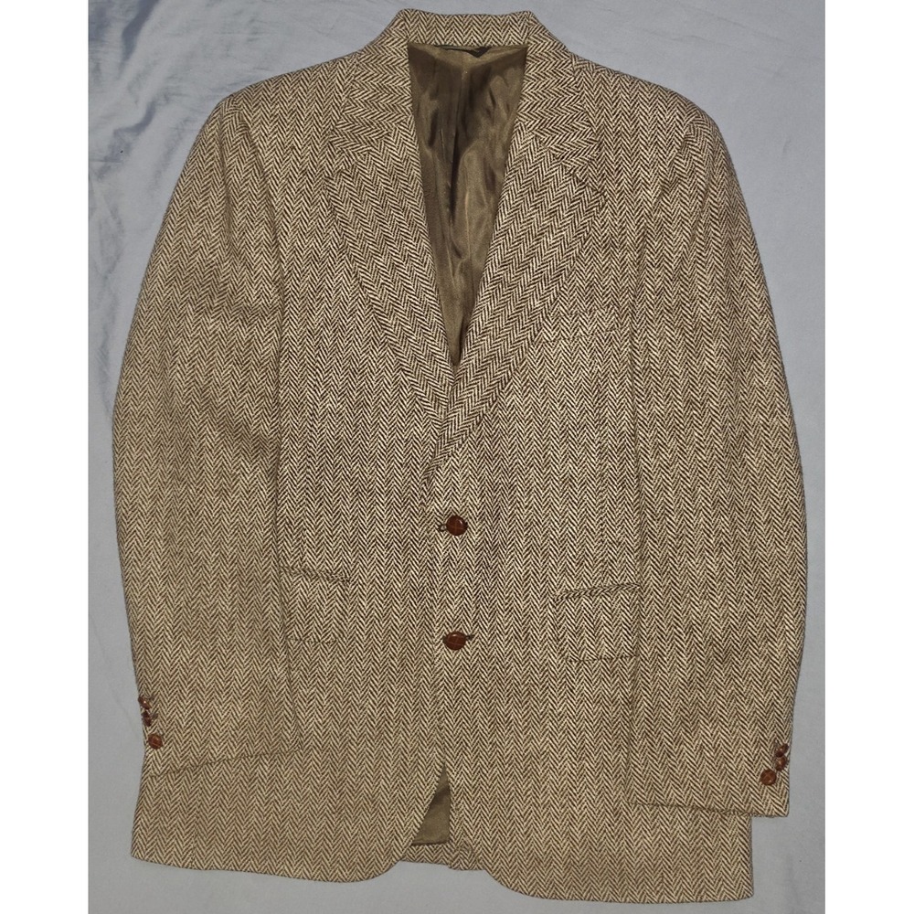 VTG 60's HARRIS TWEED Blazer Jacket Mens 38R Brown Wool Herringbone Sport Coat
